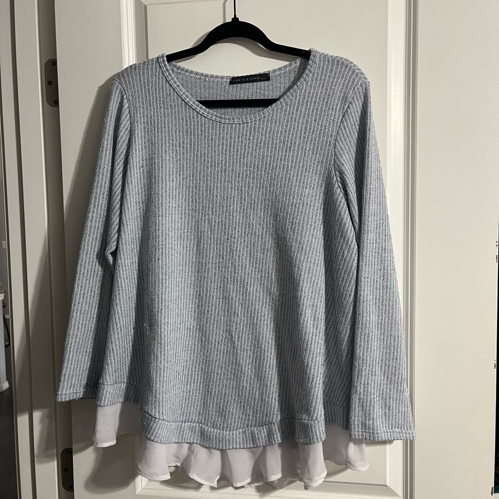 Chris & Carol Light Gray Striped Blouse with Ruffle Detail